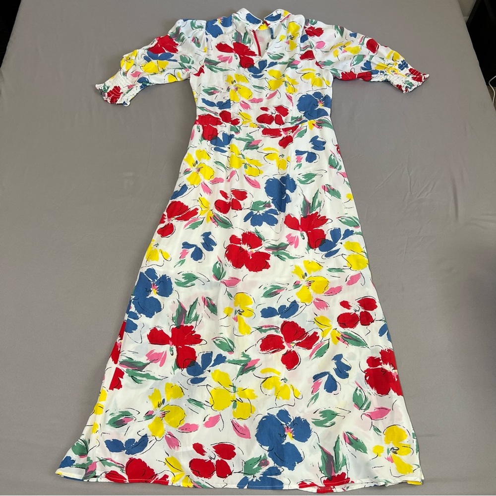 Rixo white Floral multicolored Mock Neck Cascade Ruffle Dress short sleeves sz 6 - Picture 11 of 16